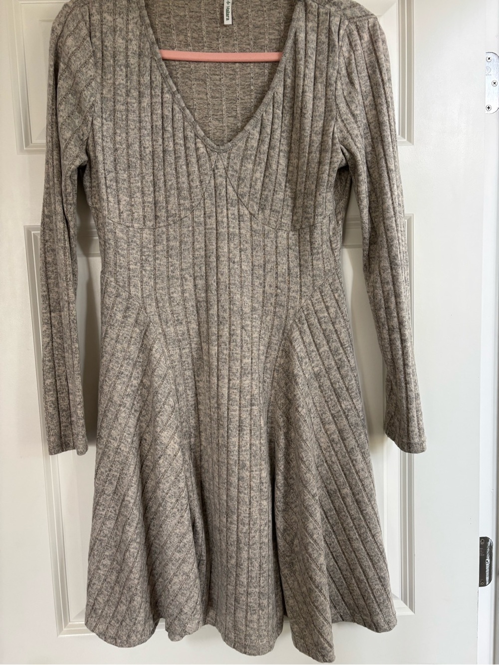 HALARA Taupe Ribbed V-Neck Fit-and-Flare Dress